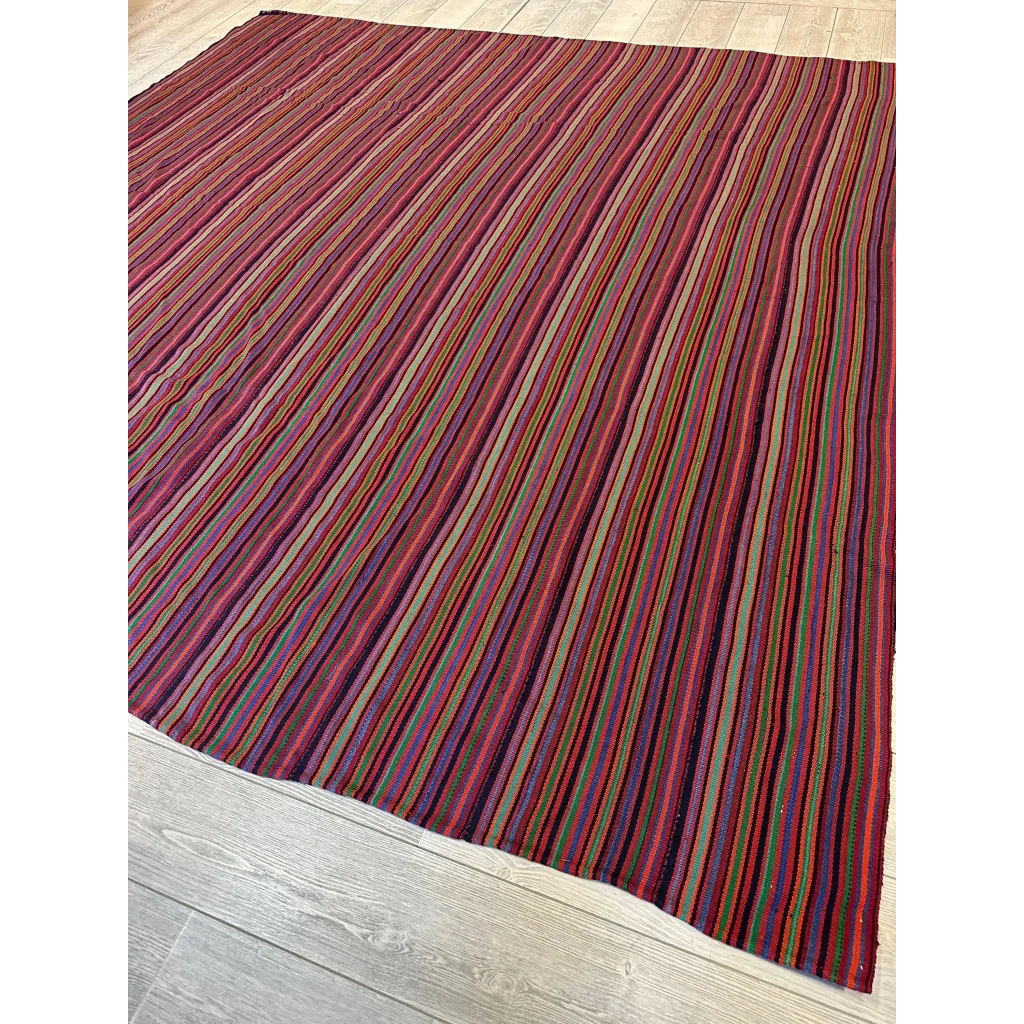 Stunning 1920s antique Persian square rug with bold diagonal stripes in reds and purples