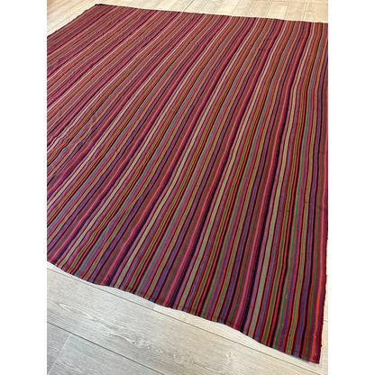 Stunning 1920s antique Persian square rug with bold diagonal stripes in reds and purples