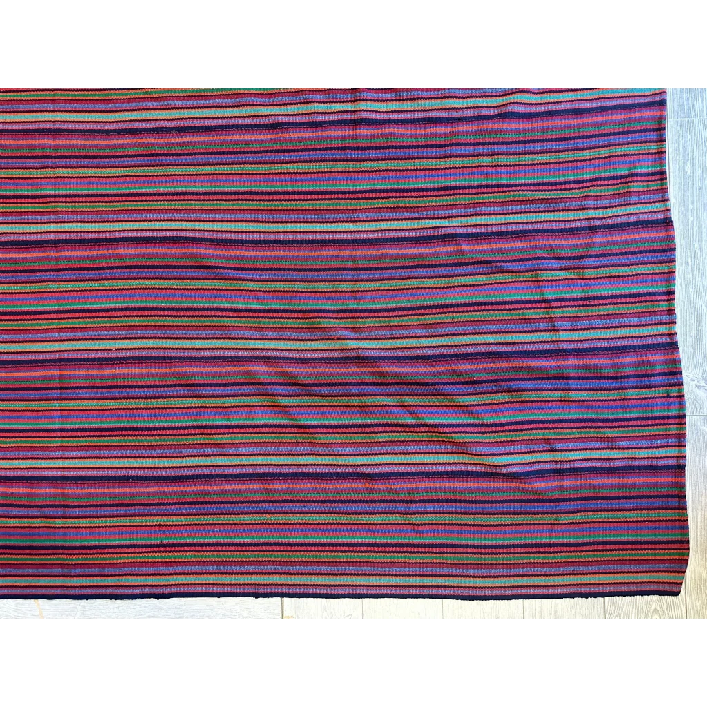 Vibrant antique Persian square rug with bold striped bands in purple, red, and green