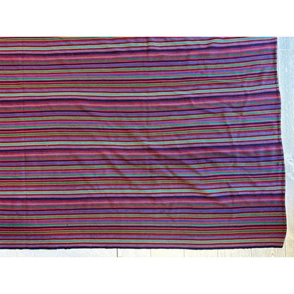 Vibrant antique Persian square rug with bold striped bands in purple, red, and green