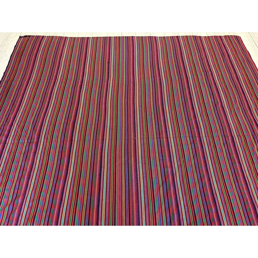 Antique 1920s Persian Jajim square rug, red purple and beige stripe detail, natural wool flatweave