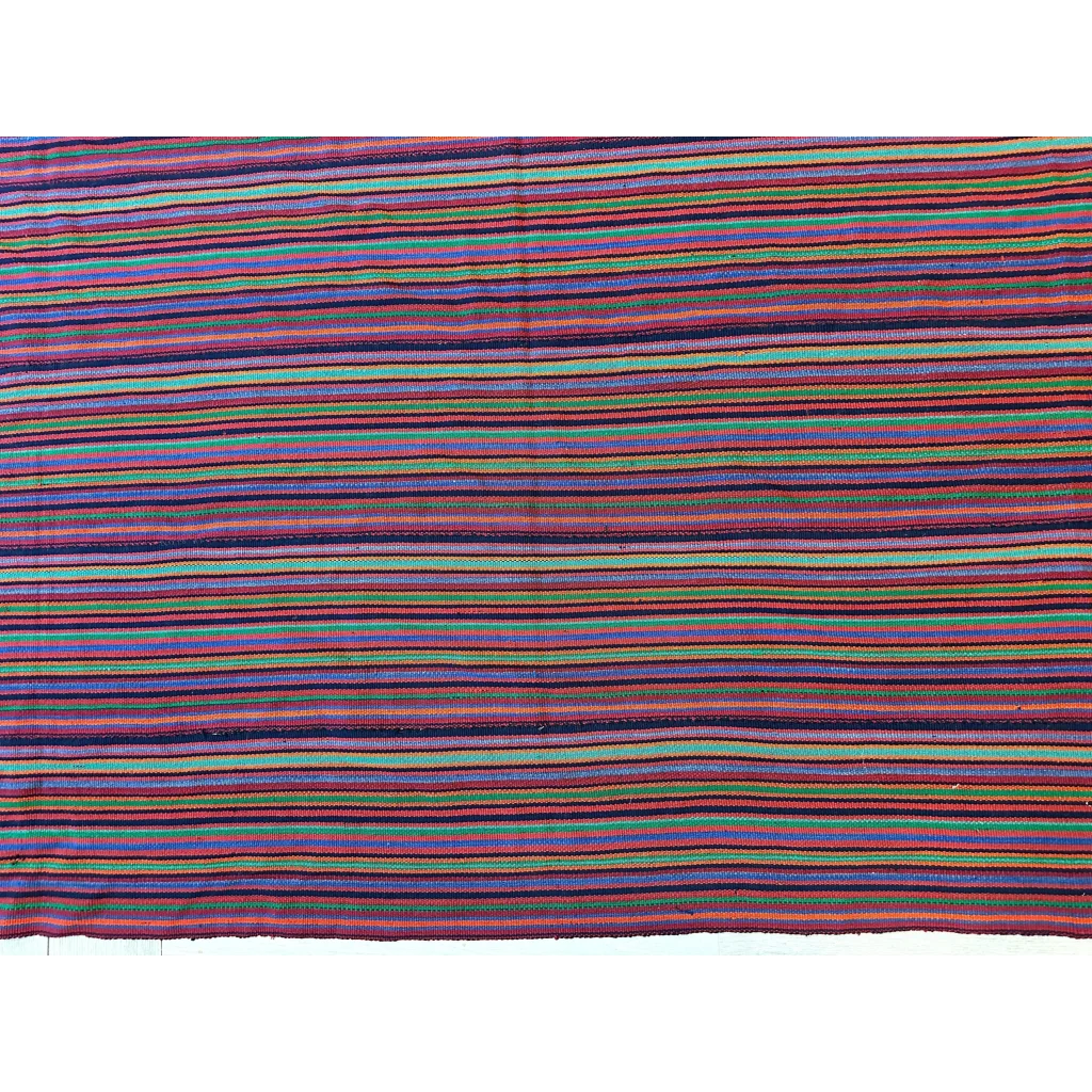 1920s Persian Jajim flatweave rug, close-up of bold purple and pink vertical stripe design