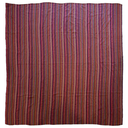 Rare 1920s Persian Jajim flatweave square rug, full view, bold pink purple and brown stripe pattern