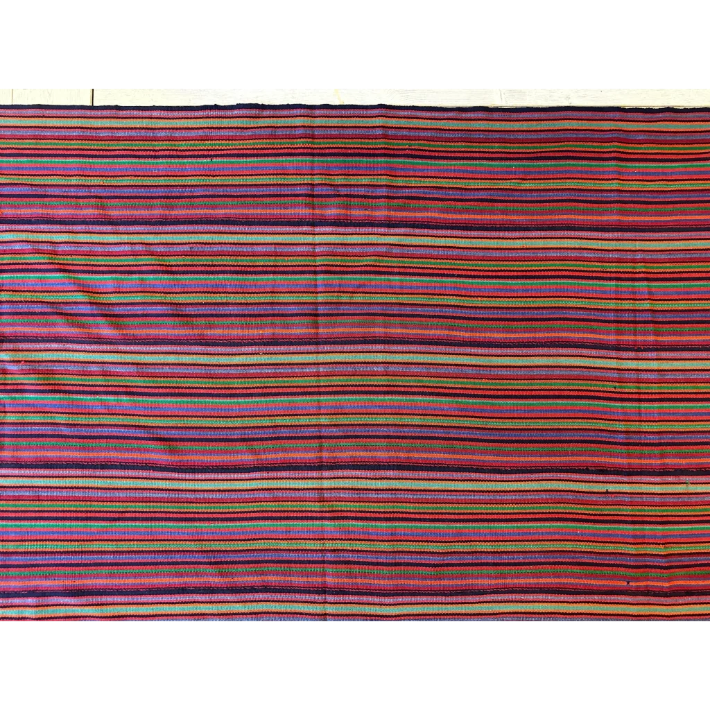 Vibrant 1920s antique Persian square rug with bold striped purples and greens