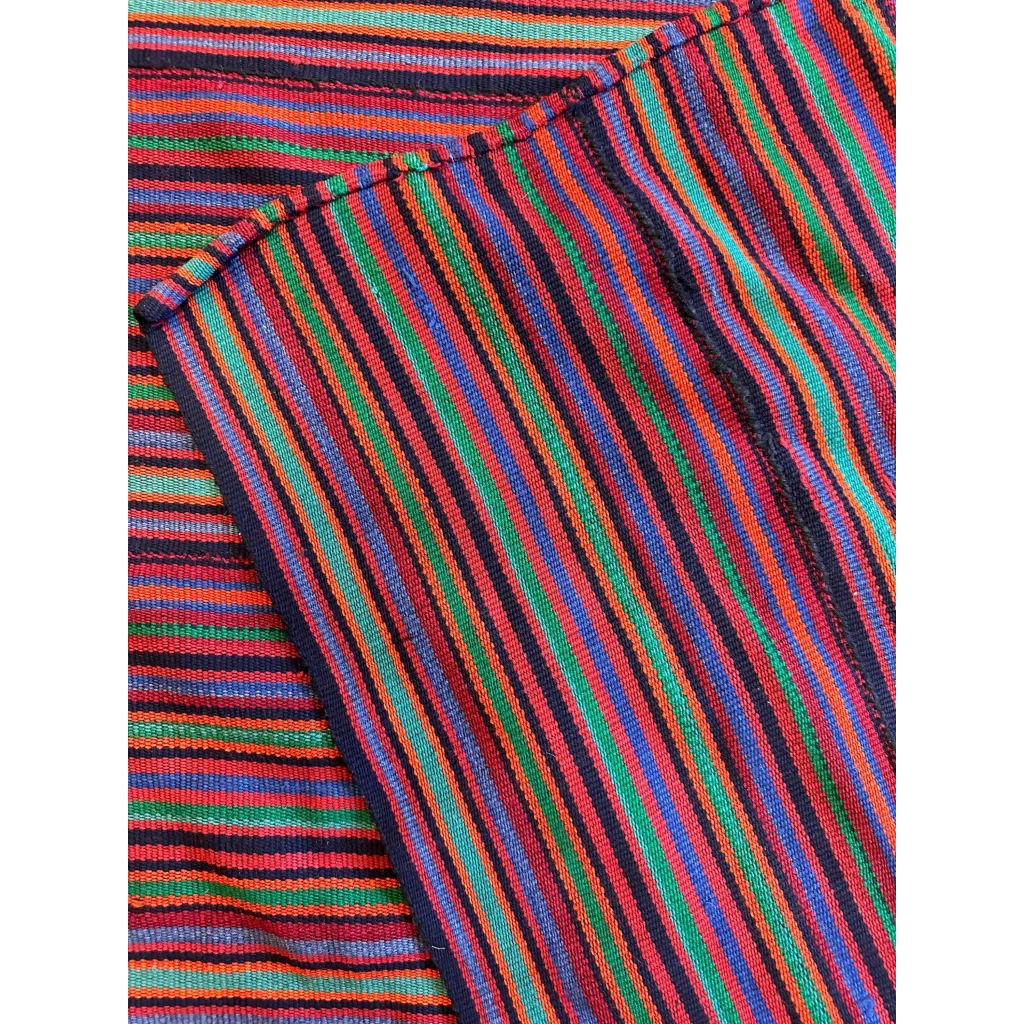 1920s Persian Jajim square rug, vibrant multicolored vertical stripes in red green blue orange navy