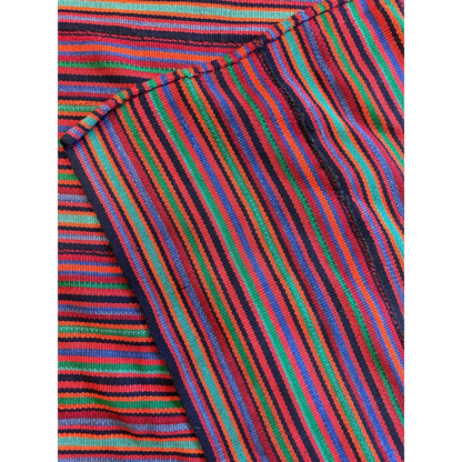 1920s Persian Jajim square rug, vibrant multicolored vertical stripes in red green blue orange navy