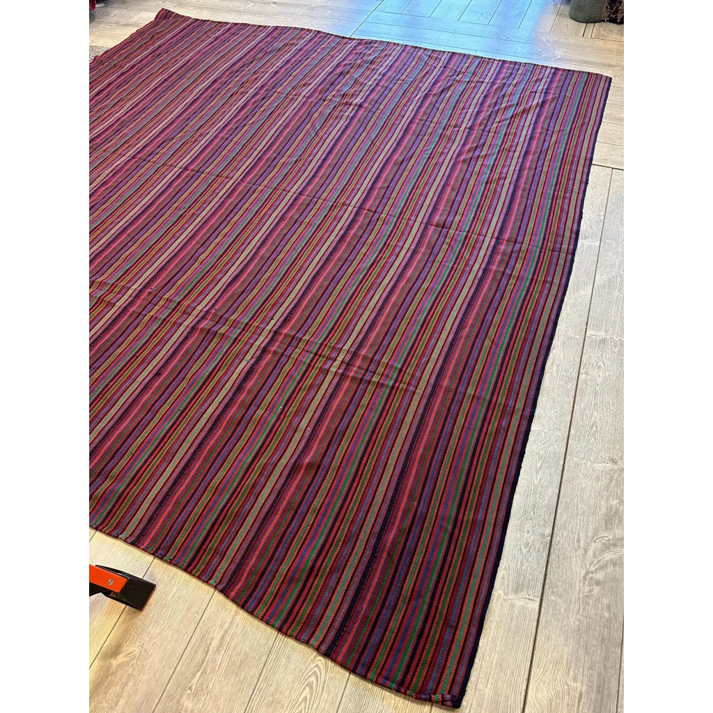 Vintage 1920s Persian Jajim square rug, bold red and green vertical stripe bands, natural dyes