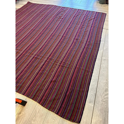 Vintage 1920s Persian Jajim square rug, bold red and green vertical stripe bands, natural dyes