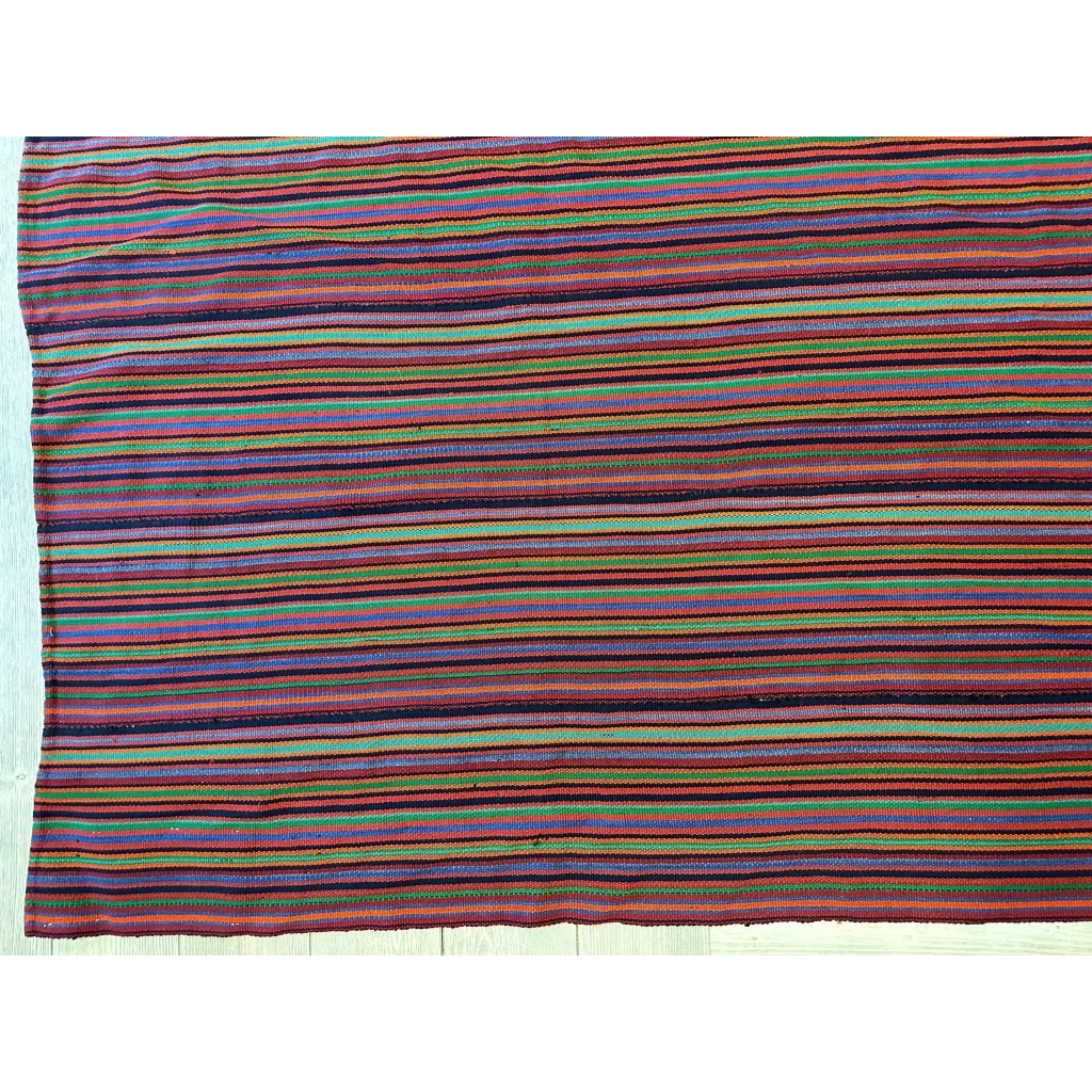 Vibrant 1920s antique Persian square rug in bold striped purples, greens, reds, blues