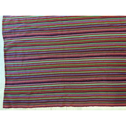 Vibrant 1920s antique Persian square rug in bold striped purples, greens, reds, blues