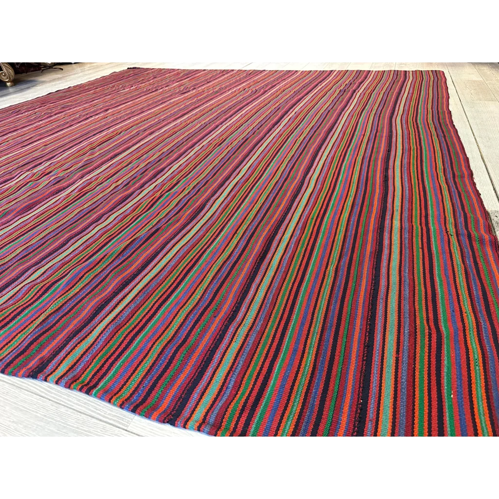 Antique Persian Jajim flatweave rug 1920s, bold stripes in reds purples and greens, natural wool