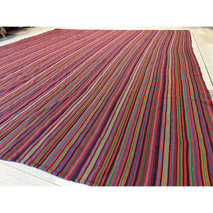 Antique Persian Jajim flatweave rug 1920s, bold stripes in reds purples and greens, natural wool