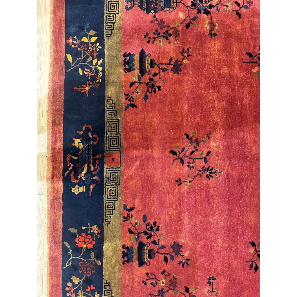 Stunning Chinese art deco rug with floral vase motifs in red and gold
