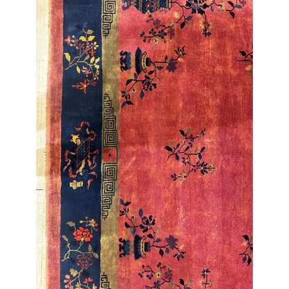 Stunning Chinese art deco rug with floral vase motifs in red and gold