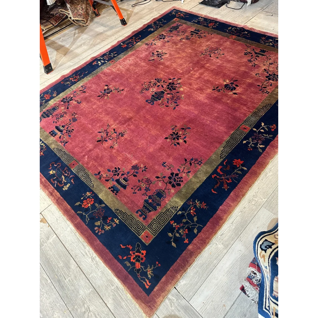 Vintage 1920s Chinese Art Deco rug with red field and floral vase design