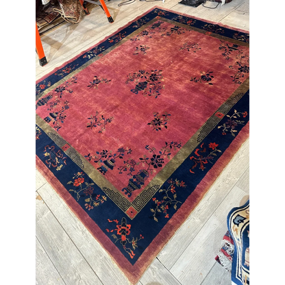 Vintage 1920s Chinese Art Deco rug with red field and floral vase design
