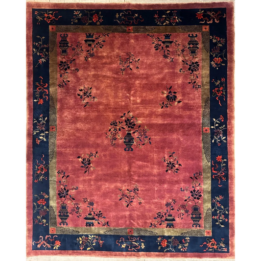 Stunning Chinese art deco rug with red velvet floral vase motifs