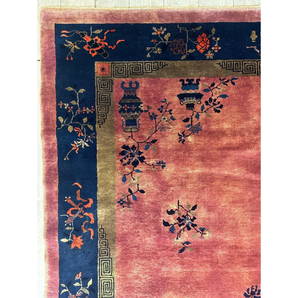 Stunning 1920s Chinese art deco rug with pink field and floral motifs