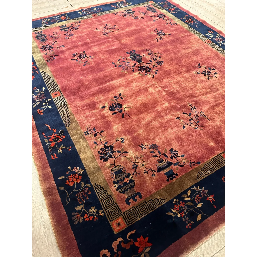 Vintage 1920s Chinese art deco rug with coral field and floral motifs