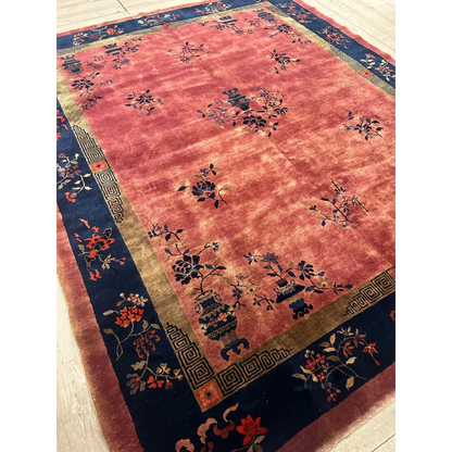 Vintage 1920s Chinese art deco rug with coral field and floral motifs