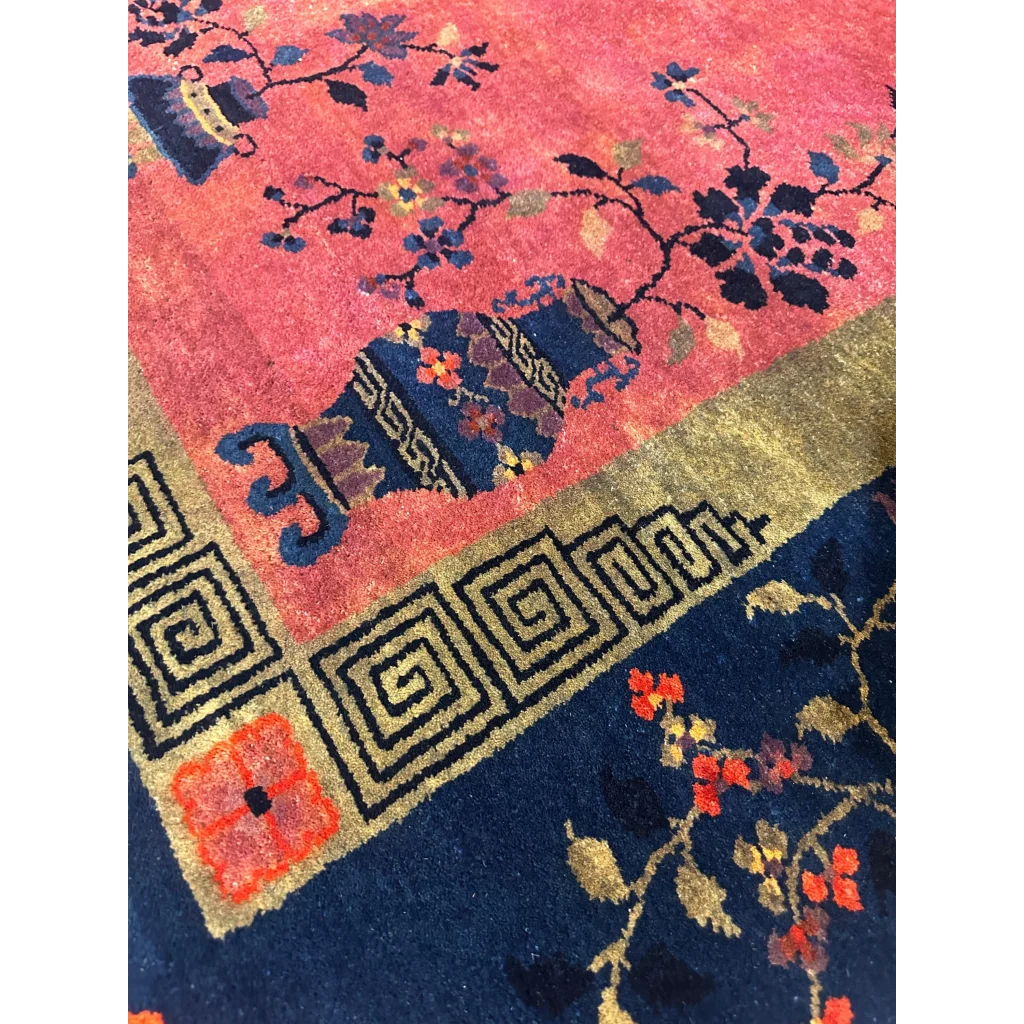 Vibrant Chinese art deco rug with floral vase design