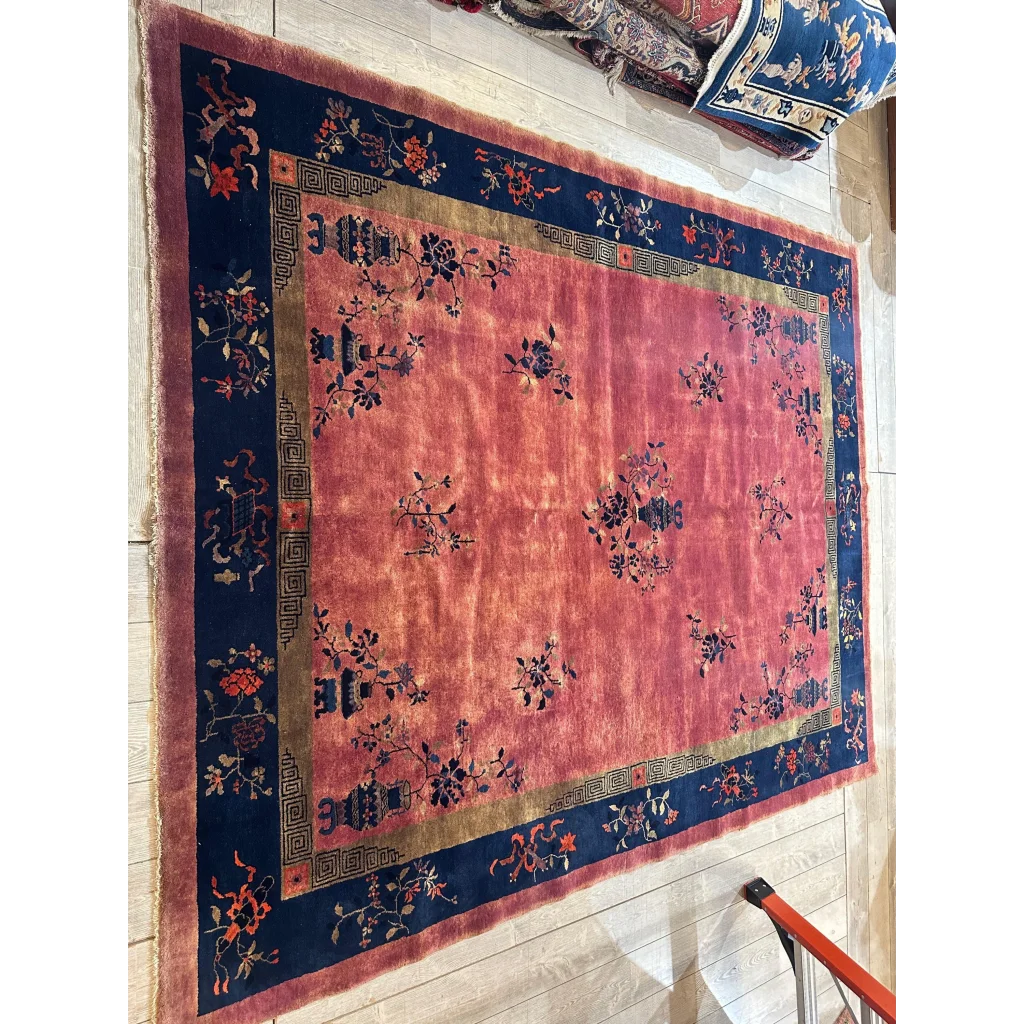 Vintage 1920s Chinese art deco rug with coral field and floral motifs