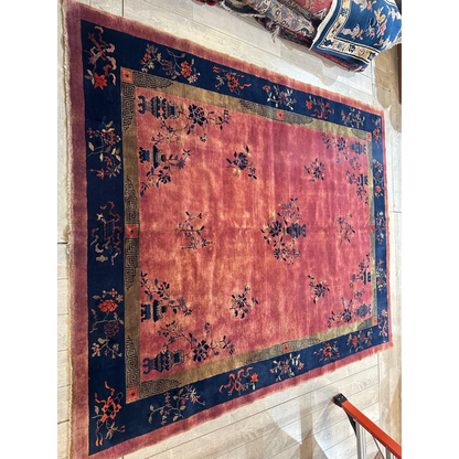 Vintage 1920s Chinese art deco rug with coral field and floral motifs