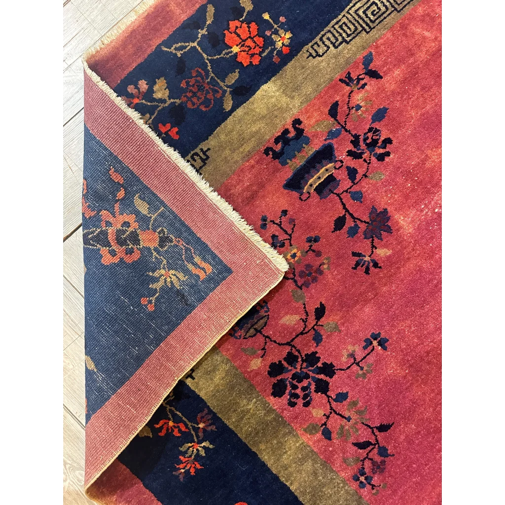 Vibrant Chinese Art Deco rug in red, navy with floral vase patterns