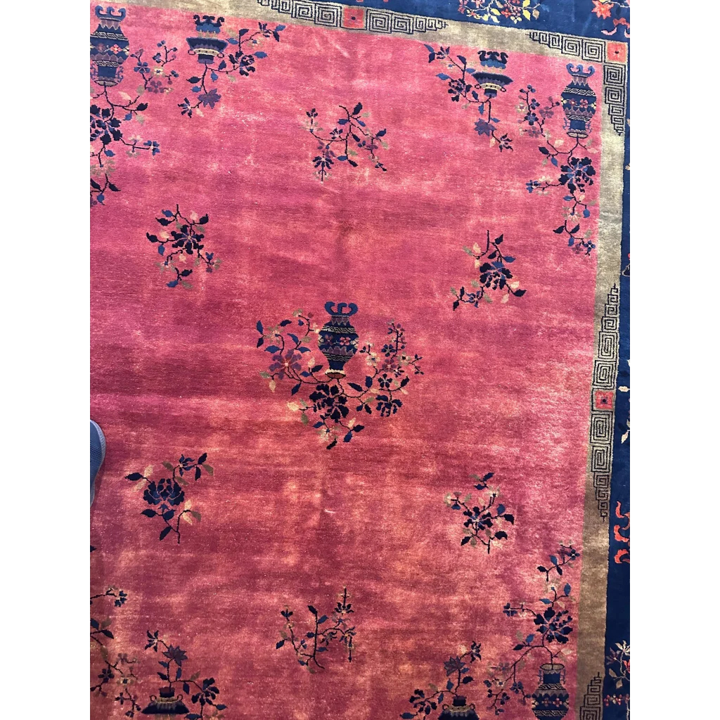 Vintage pink Chinese art deco rug with blue floral vase motifs