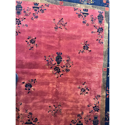 Vintage pink Chinese art deco rug with blue floral vase motifs