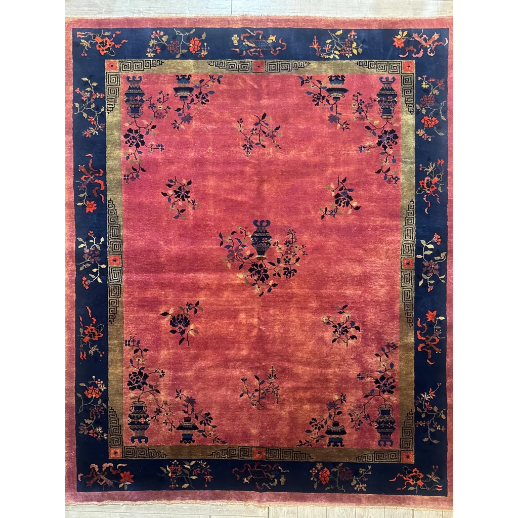 Stunning 1920s Chinese art deco rug with red field and floral vase motifs