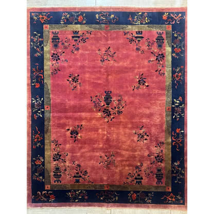 Stunning 1920s Chinese art deco rug with red field and floral vase motifs