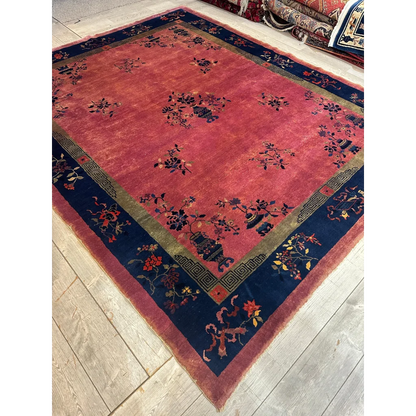 Vintage 1920s Chinese art deco rug with coral field and floral motifs