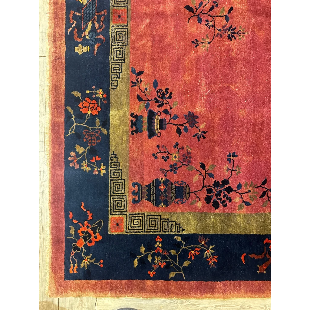 Stunning 1920s Chinese art deco rug with red field and floral vase motifs