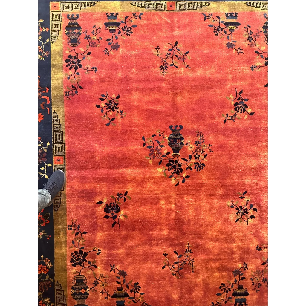 Vintage orange Chinese art deco rug with black floral vase motifs