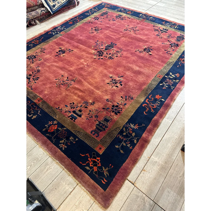 Vintage Chinese art deco rug in coral red with floral vase motifs