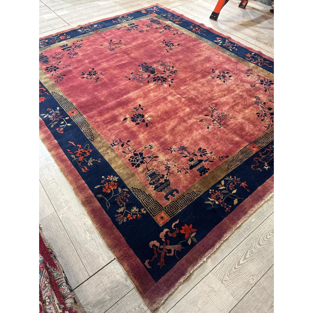 Stunning 1920s Chinese Art Deco rug with faded coral floral motifs