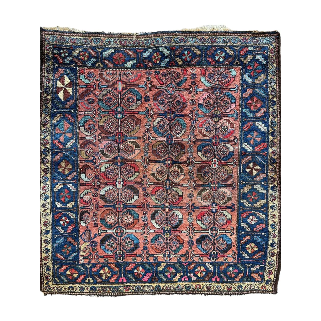 Rare 1920s Persian Hamedan Enjelas wool rug, full view, pink ground with vibrant floral motifs
