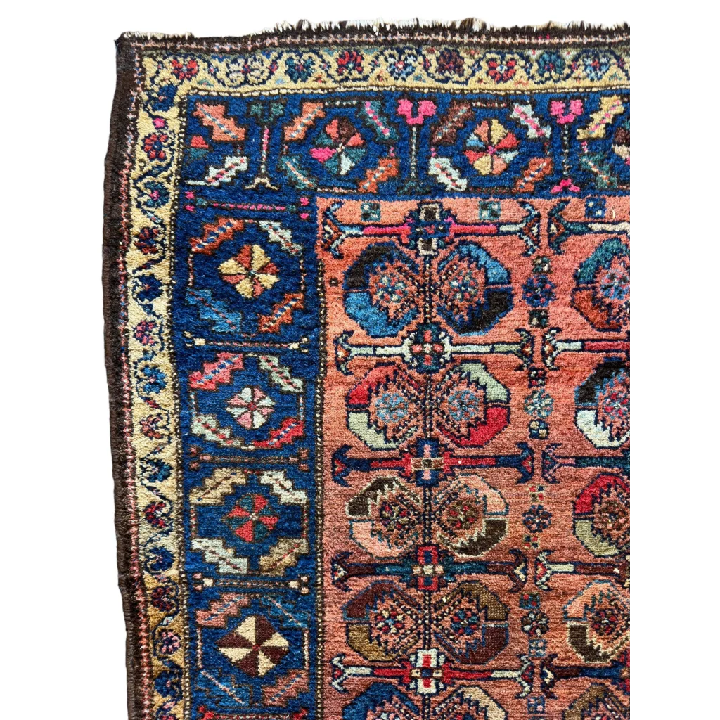 Rare 1920s Hamedan Enjelas rug, detail of vibrant geometric floral motifs, 100% natural wool