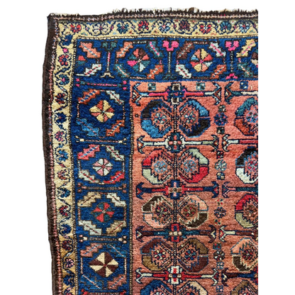 Rare 1920s Hamedan Enjelas rug, detail of vibrant geometric floral motifs, 100% natural wool