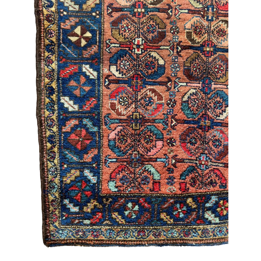 Persian Hamedan Enjelas rug 1920s, field view of geometric floral design, hand-knotted natural wool