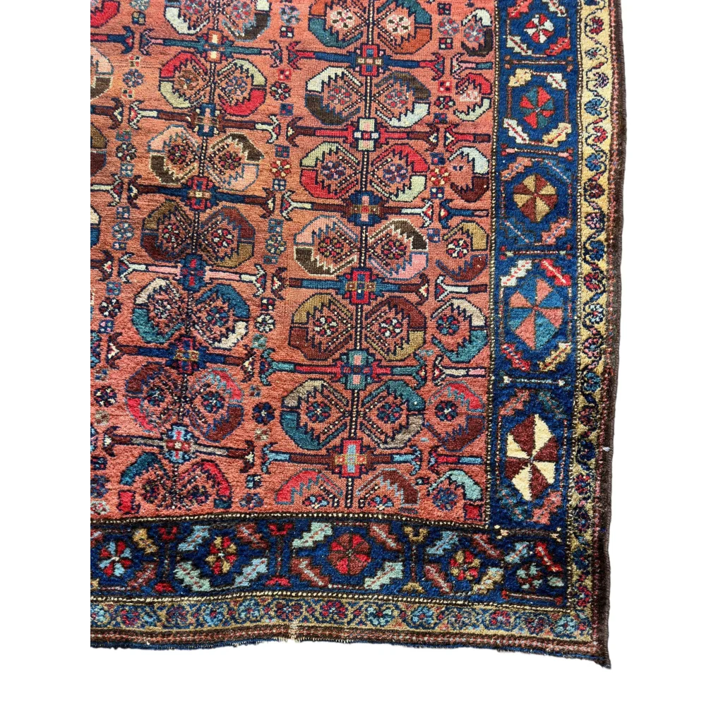 1920s Persian Hamedan Enjelas natural wool rug, close-up of intricate pattern in natural dyes
