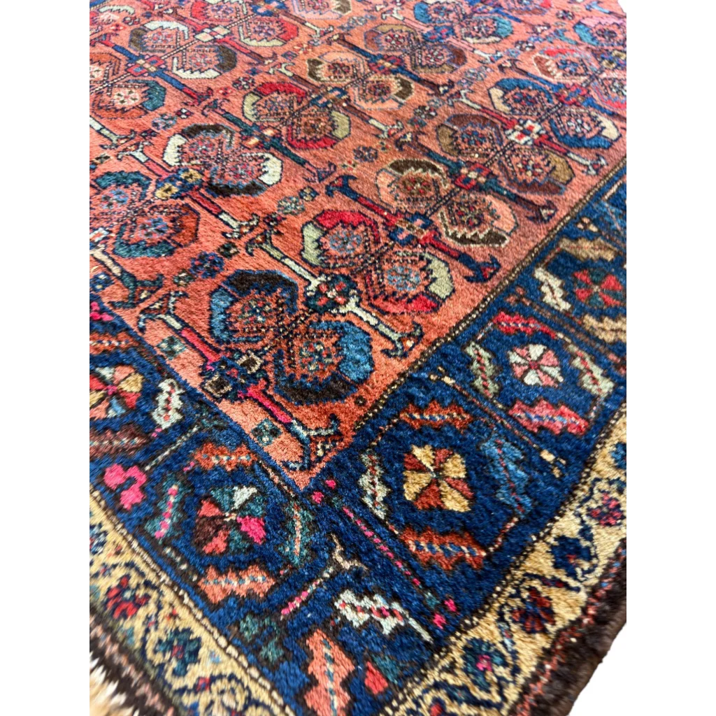 1920s Persian Hamedan Enjelas rug, vibrant floral patterns in pink and natural dye colors