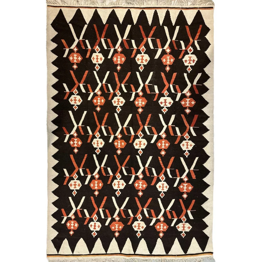 Vintage 1930s Karabakh carpet in black, cream with orange zigzag diamonds