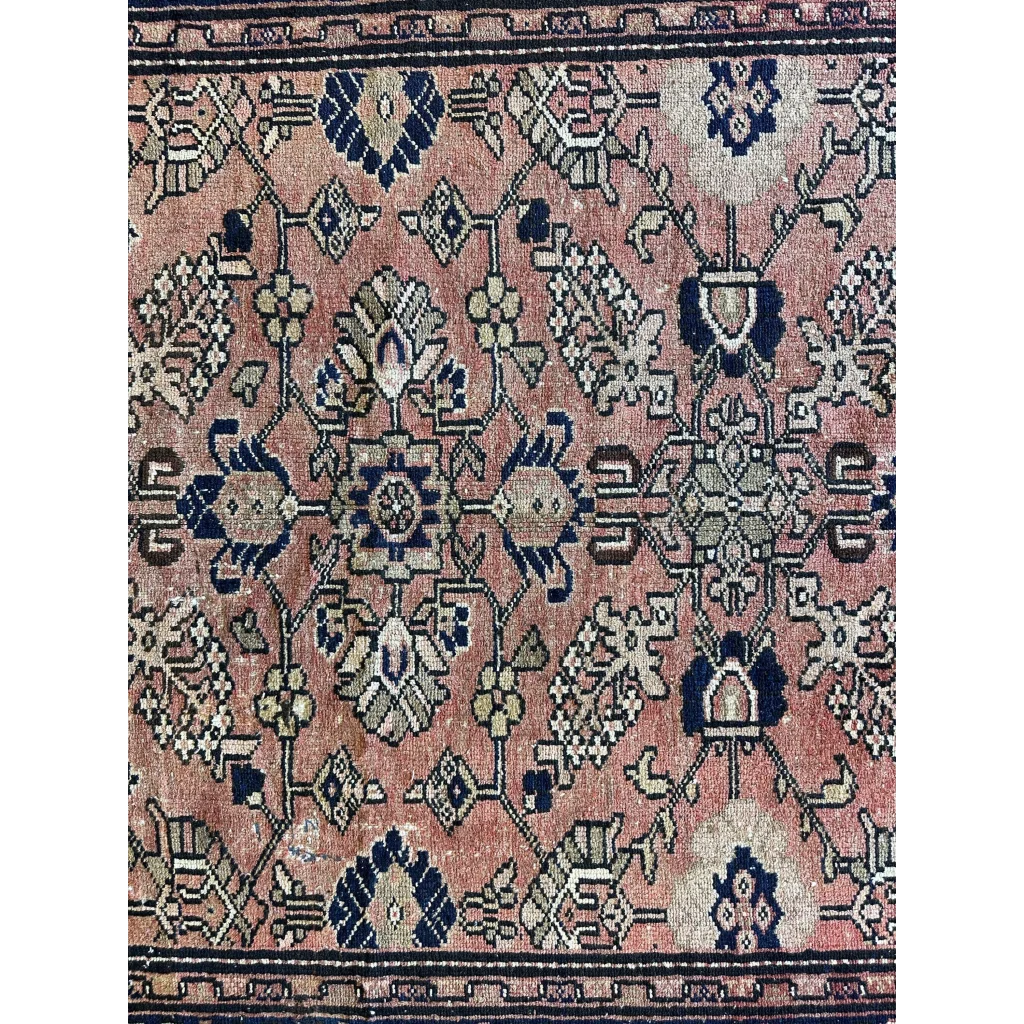 Stunning 1930s Persian Lilihan runner in faded pink and navy with intricate patterns