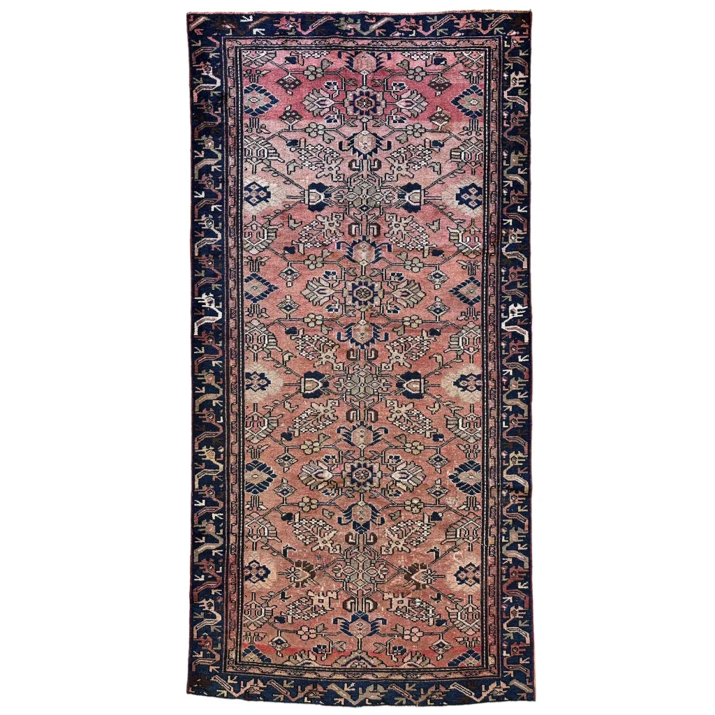 Vintage 1930s Persian Lilihan rug runner in faded pink and navy motifs
