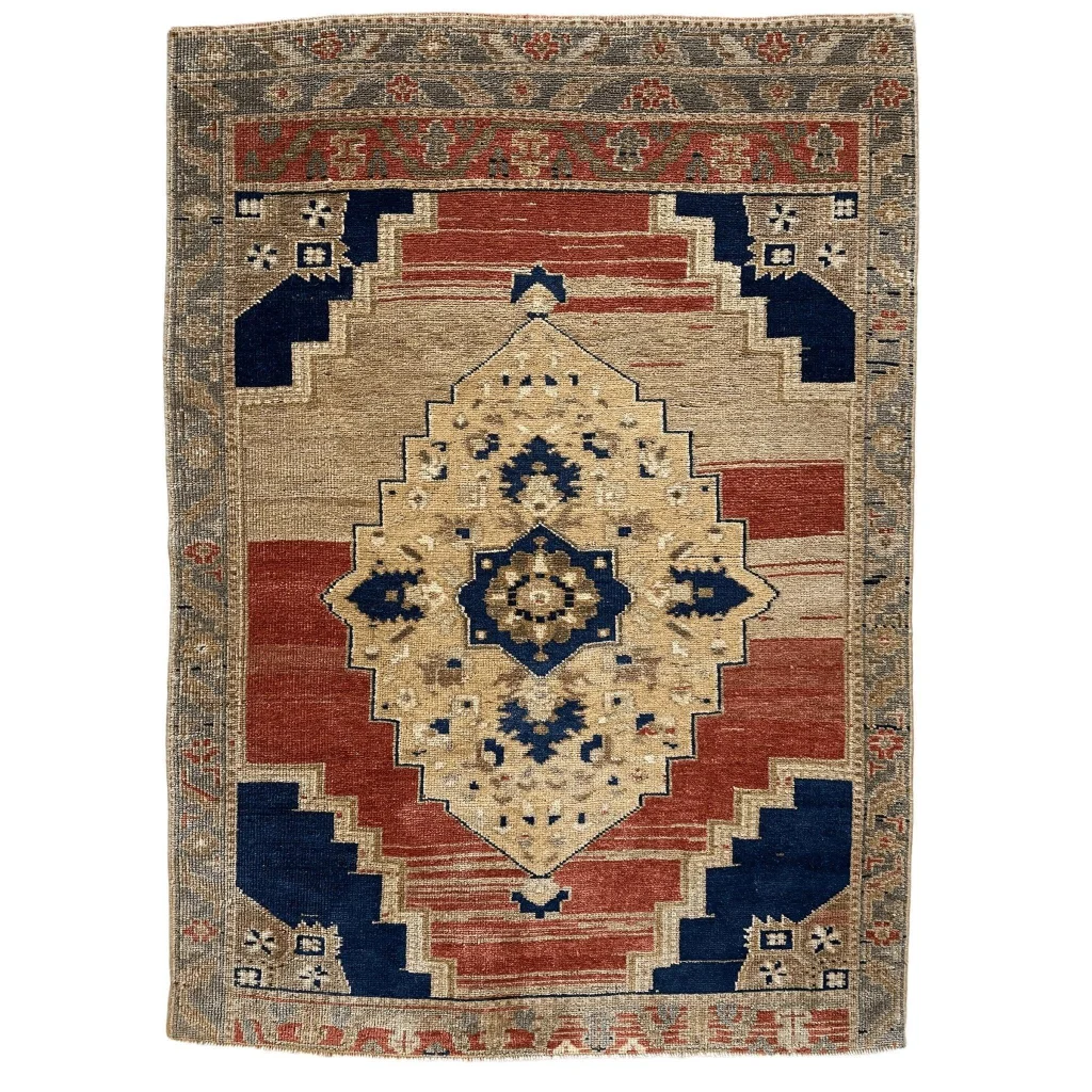 Stunning 1950s Turkish Oushak wool rug with cream navy medallion