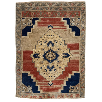 Stunning 1950s Turkish Oushak wool rug with cream navy medallion