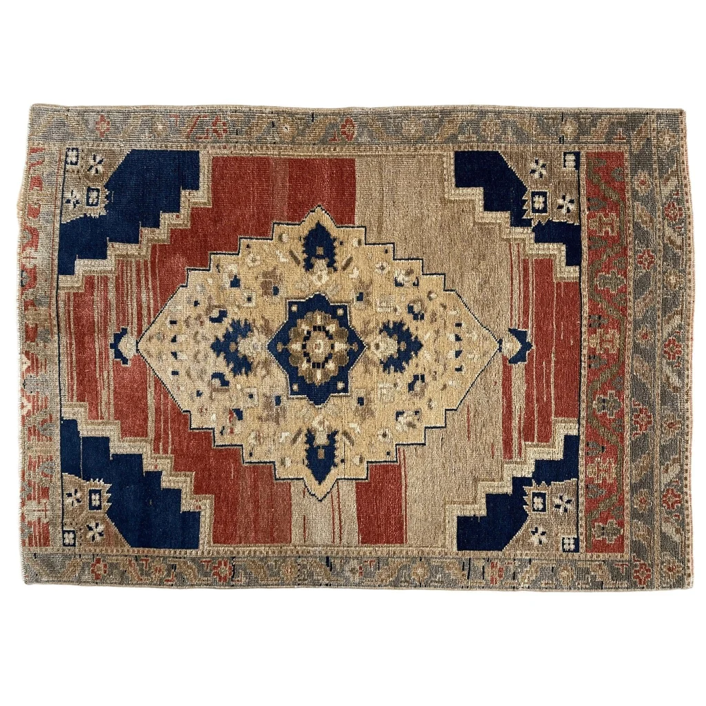 1950s Turkish Oushak wool rug with cream navy medallion and red stripes