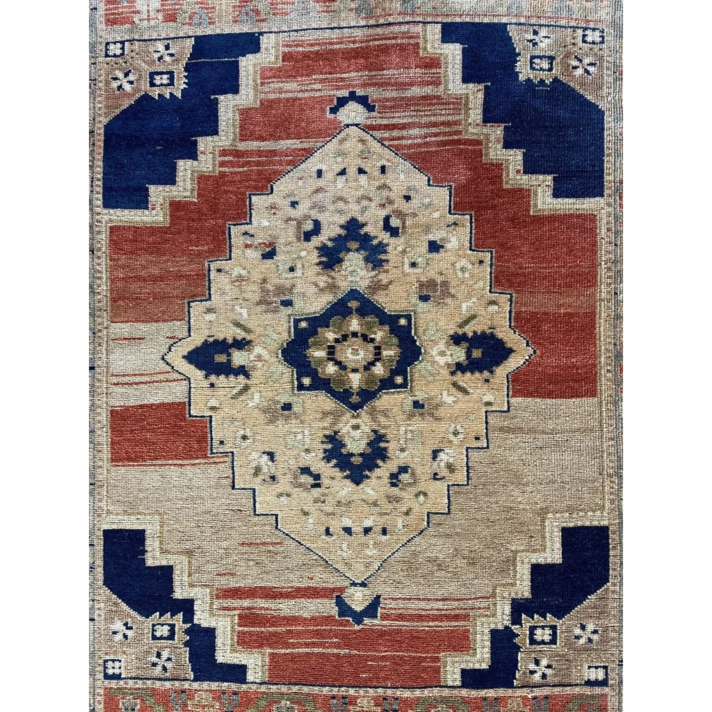 Vintage 1950s Turkish Oushak wool rug with red-blue medallion